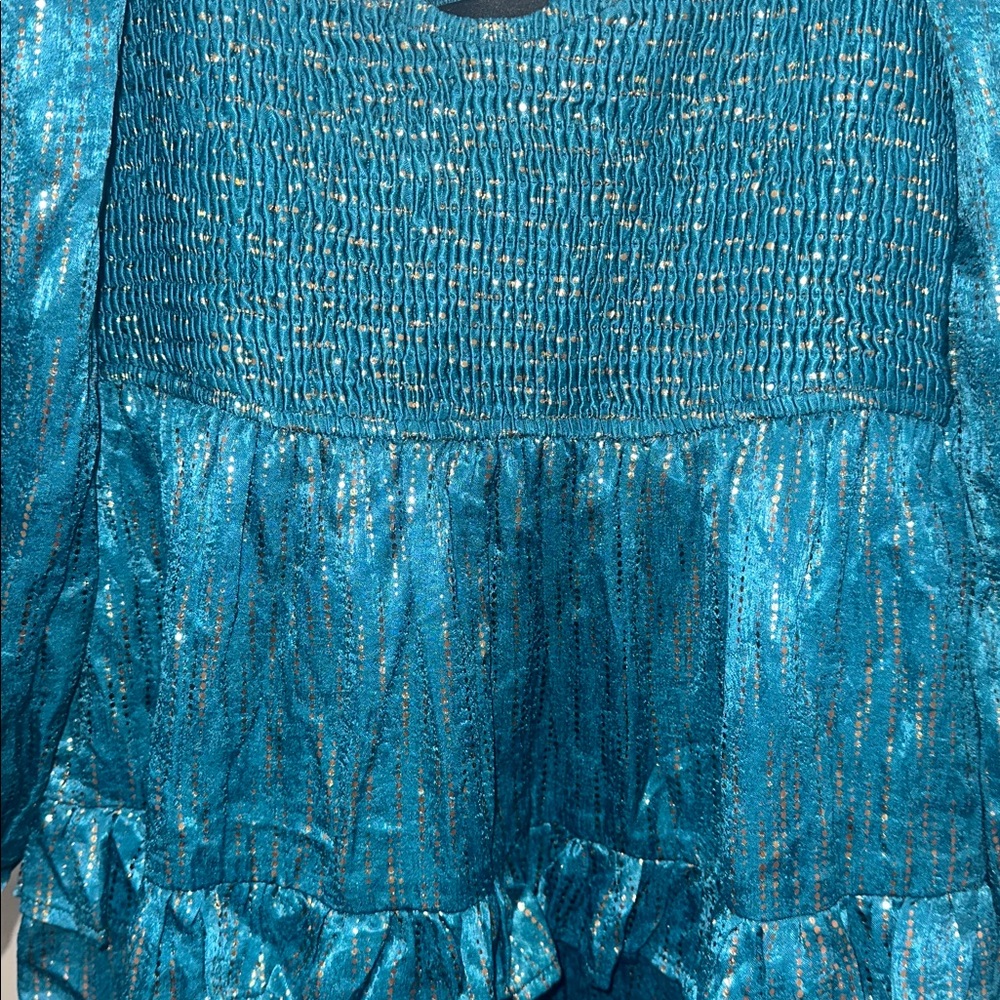 VICI Shine On Metallic Turquoise Baby Doll Smocked Top Tiered Mini Dress Size S - Picture 8 of 14